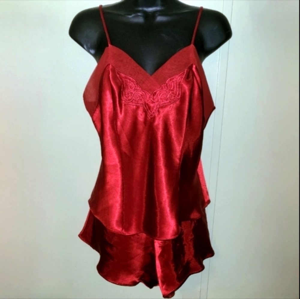 Vtg 80s Kathy ireland red satin mesh cami lingerie high thigh cut short set L